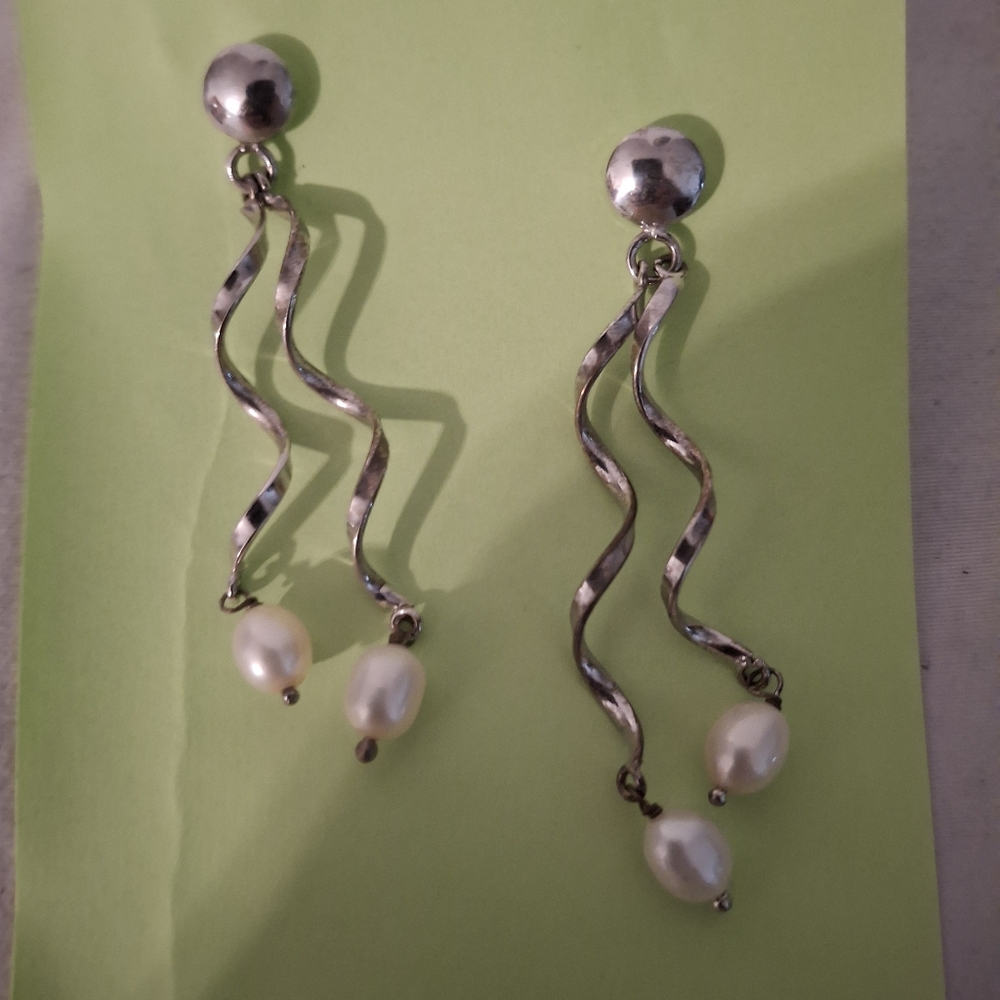 Honora Silver-Tone Wavy Drop Earrings with White Pearls sterling silver 925